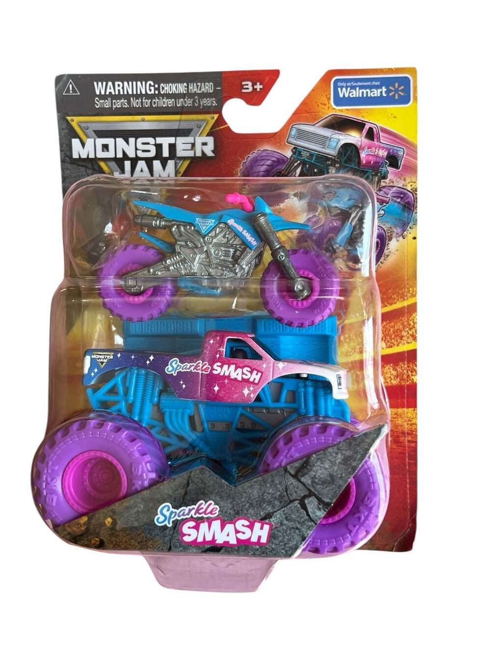 MONSTER JAM MONSTER TRUCK SPARKLE SMASH 2 Pk 1:64 WITH MATCHING DIRT BIKE NEW